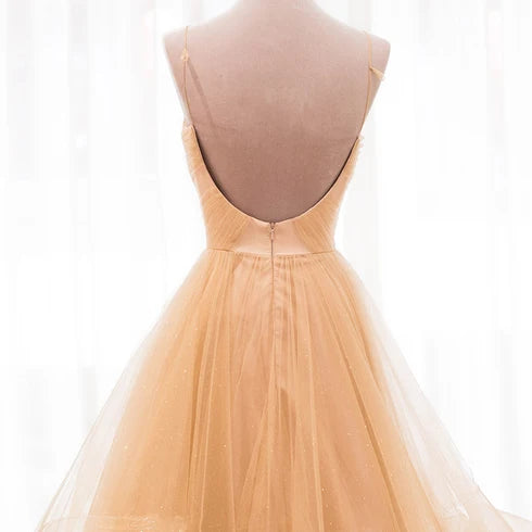 Champagne Spaghetti Strap V Neck Ruffled Glitter Tulle A Line Prom Dress