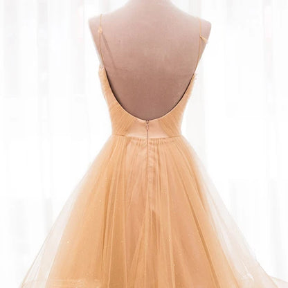 Champagne Spaghetti Strap V Neck Ruffled Glitter Tulle A Line Prom Dress