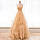 Champagne Spaghetti Strap V Neck Ruffled Glitter Tulle A Line Prom Dress