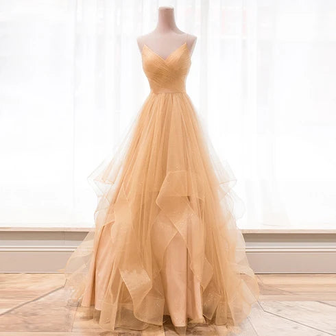Champagne Spaghetti Strap V Neck Ruffled Glitter Tulle A Line Prom Dress