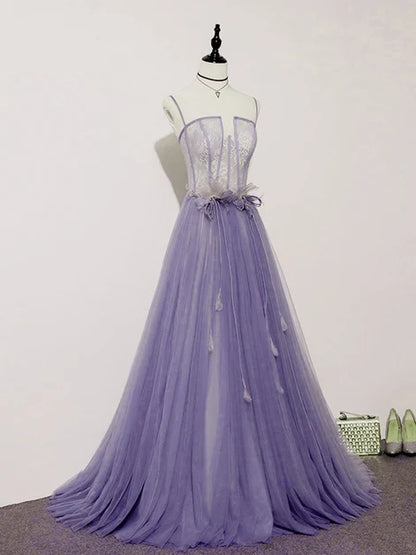 Lavender Spaghetti Strap Tulle Prom Dress Lace Corset Bodice 3D Floral Waist