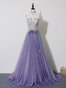 Lavender Spaghetti Strap Tulle Prom Dress Lace Corset Bodice 3D Floral Waist