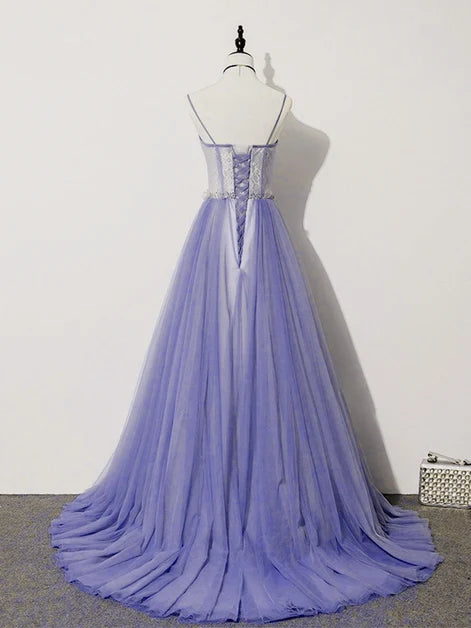 Lavender Spaghetti Strap Tulle Prom Dress Lace Corset Bodice 3D Floral Waist
