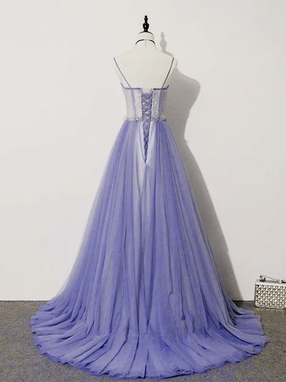 Lavender Spaghetti Strap Tulle Prom Dress Lace Corset Bodice 3D Floral Waist