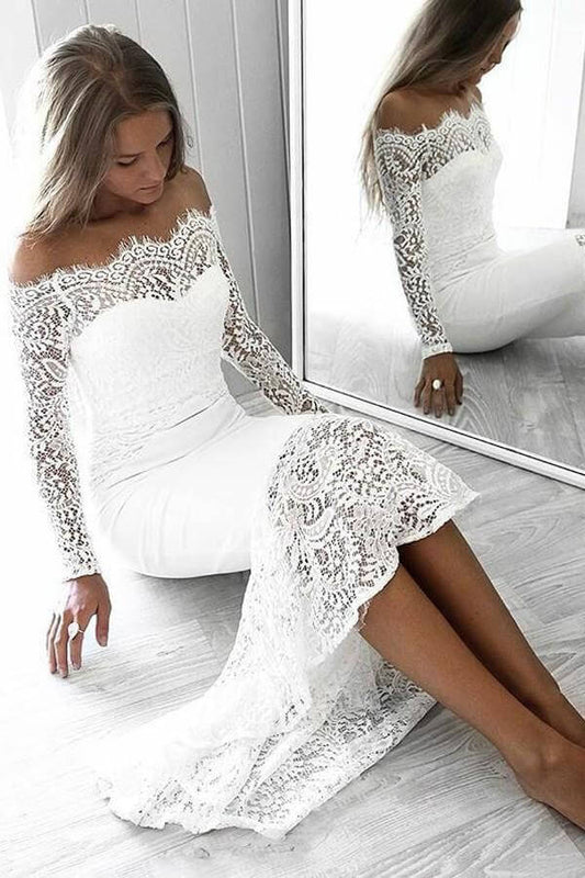 Prom Dresses Long Sleeve Lace Appliques Sheath Off the Shoulder
