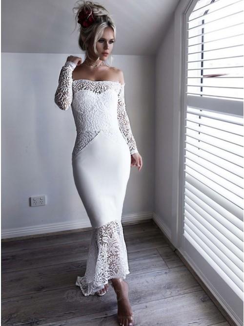 Prom Dresses Long Sleeve Lace Appliques Sheath Off the Shoulder