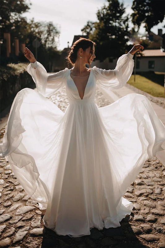 Wedding Dresses Long Sleeves A Line Chiffon With Puff Sleeves
