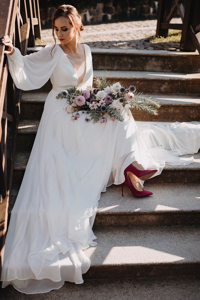 Wedding Dresses Long Sleeves A Line Chiffon With Puff Sleeves