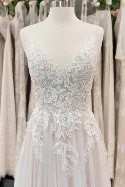 Lovely Lace Sleeveless Long Chiffon Beach Wedding Dresses