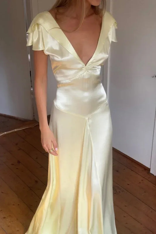 Lustrous Mermaid Deep V Flutter Sleeve Tie-Back Pale Yellow Prom Dress.