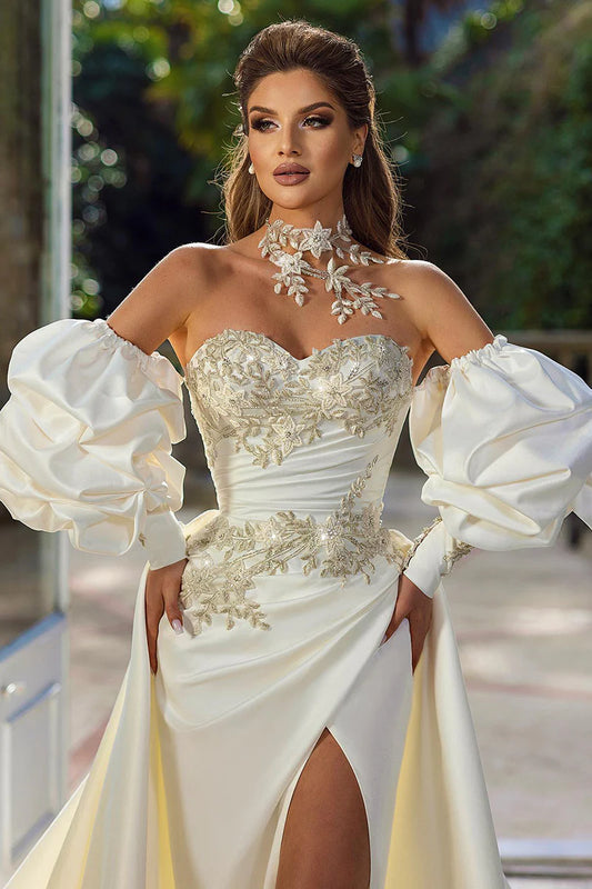 Luxurious A-Line Sweetheart Detachable-Puff-Sleeve Corset-Back Train-Length Wedding Dress