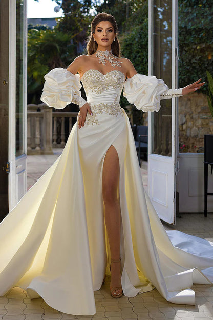 Luxurious A-Line Sweetheart Detachable-Puff-Sleeve Corset-Back Train-Length Wedding Dress
