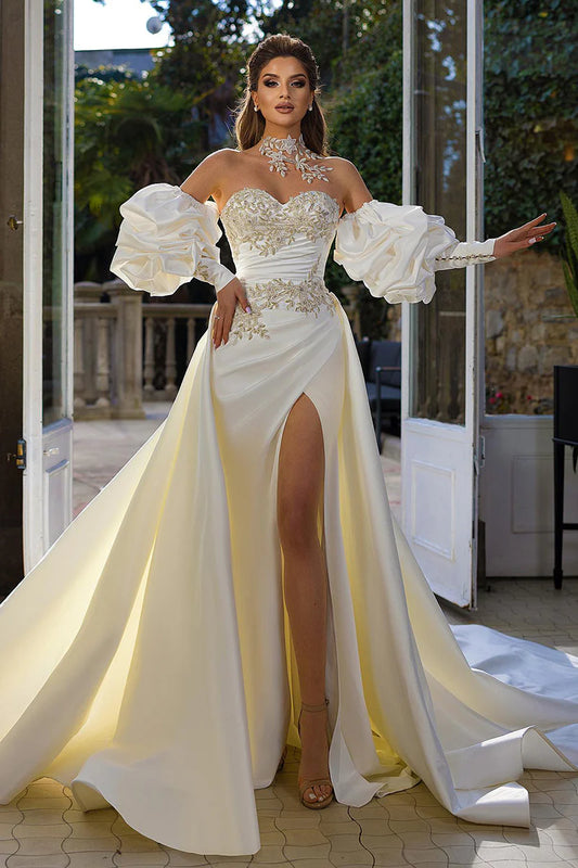 Luxurious A-Line Sweetheart Detachable-Puff-Sleeve Corset-Back Train-Length Wedding Dress