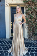 Luxurious A-Line V-Neck Spaghetti Straps Open Back Sweep Train Champagne Evening Dresses
