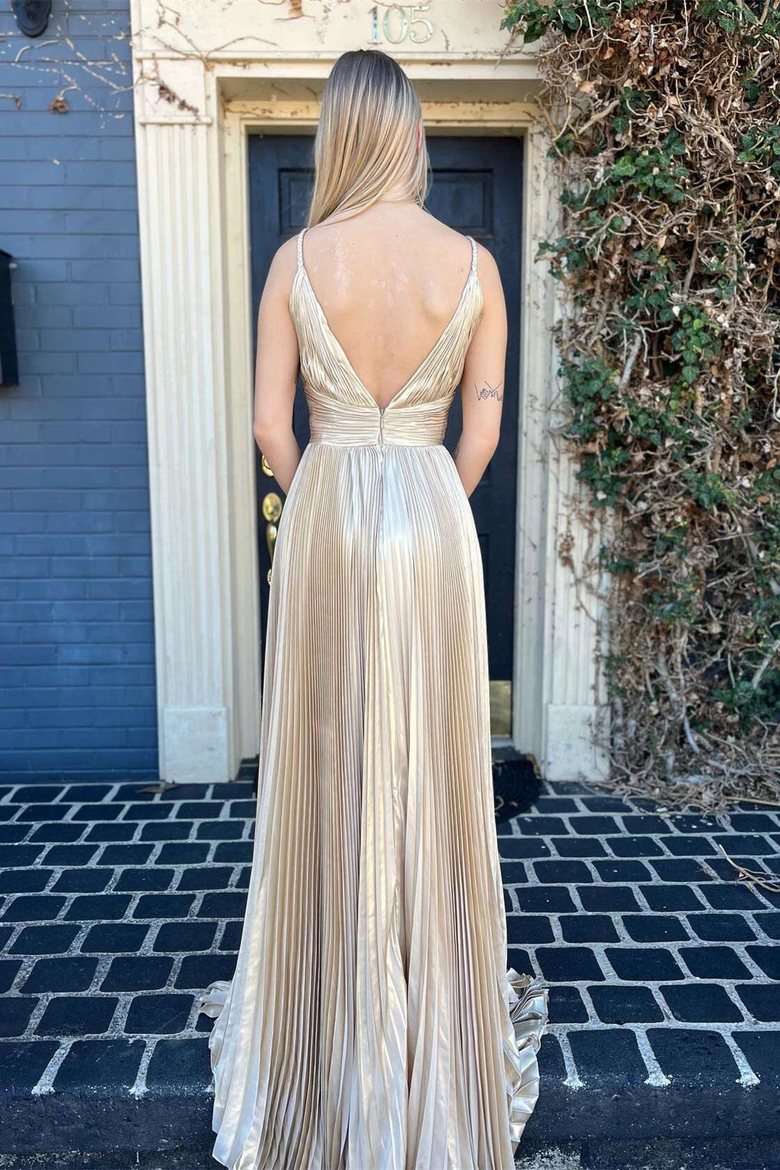 Luxurious A-Line V-Neck Spaghetti Straps Open Back Sweep Train Champagne Evening Dresses