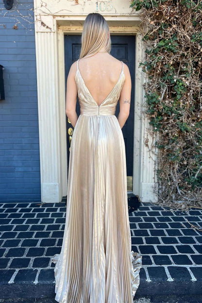 Luxurious A-Line V-Neck Spaghetti Straps Open Back Sweep Train Champagne Evening Dresses
