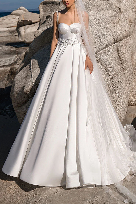 Luxurious Ball Gown Sweetheart Beaded Strap Corset Back Train Length Wedding Dress