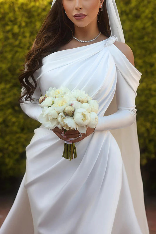 Luxurious Mermaid One Shoulder Long Sleeve Open Back Train Length Wedding Dress
