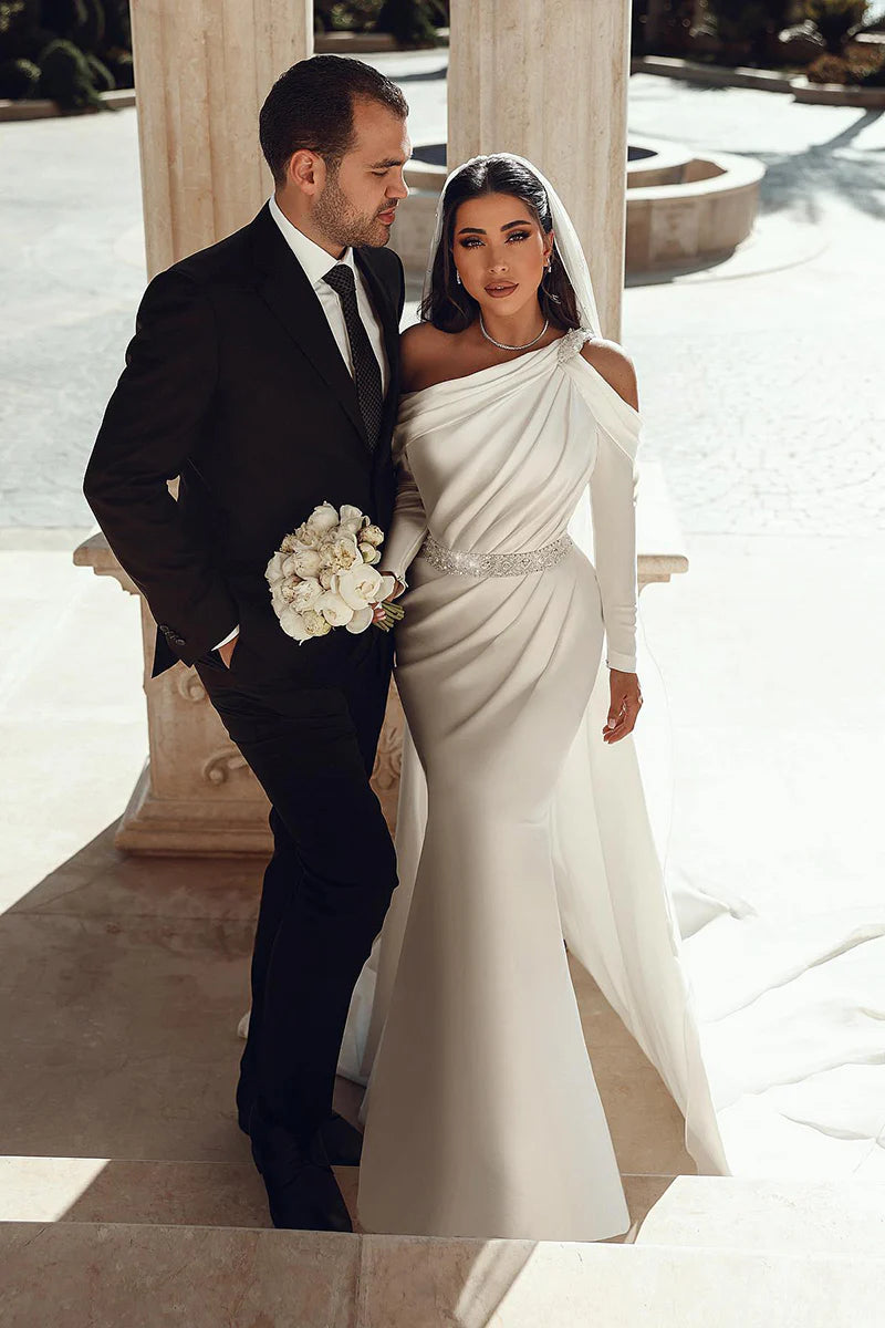 Luxurious Mermaid One Shoulder Long Sleeve Open Back Train Length Wedding Dress