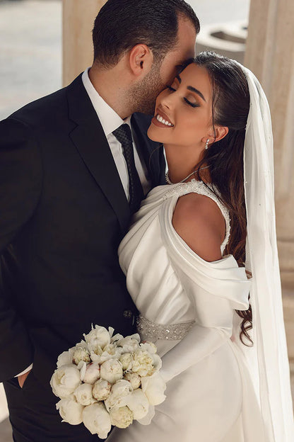 Luxurious Mermaid One Shoulder Long Sleeve Open Back Train Length Wedding Dress
