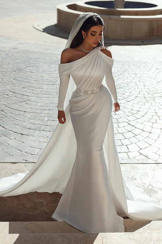 Luxurious Mermaid One Shoulder Long Sleeve Open Back Train Length Wedding Dress
