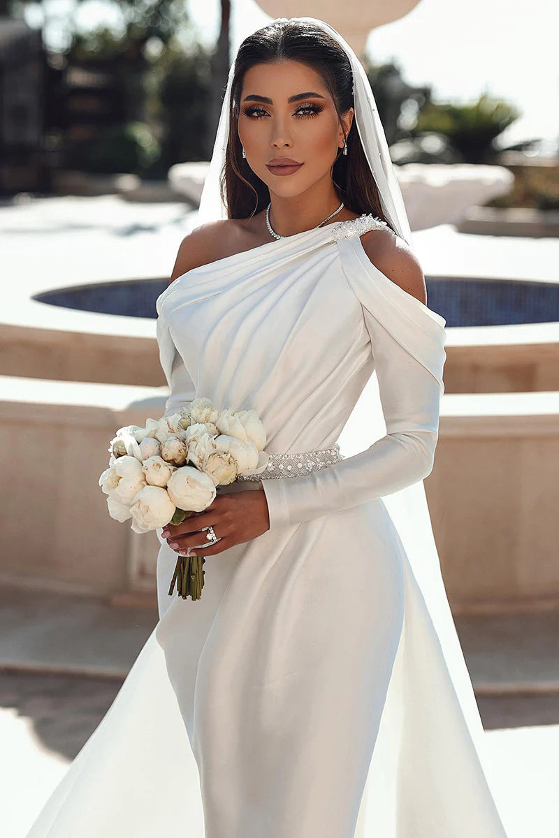 Luxurious Mermaid One Shoulder Long Sleeve Open Back Train Length Wedding Dress