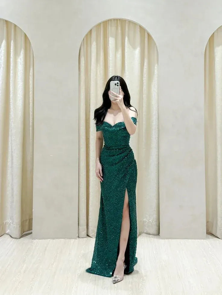 Luxurious Mermaid Off‑shoulder Sleeveless Solid‑back Floor‑length Slit Prom Dress
