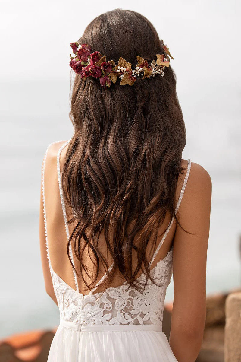 Luxury A-Line Plunge-V-Neck Spaghetti-Strap Open-Back Train-Length Wedding Dress