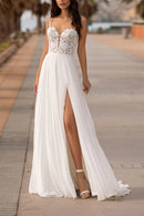 Luxury A-Line Plunge-V-Neck Spaghetti-Strap Open-Back Train-Length Wedding Dress