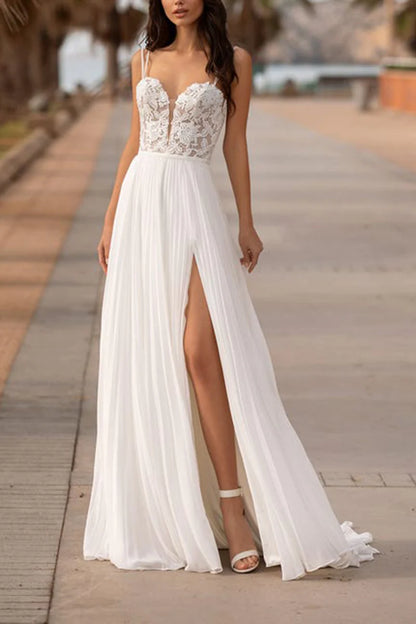 Luxury A-Line Plunge-V-Neck Spaghetti-Strap Open-Back Train-Length Wedding Dress