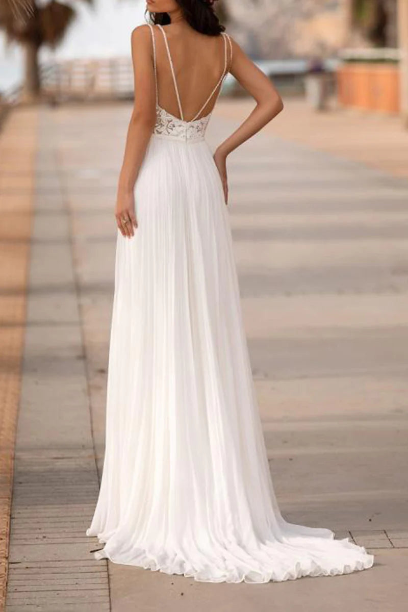 Luxury A-Line Plunge-V-Neck Spaghetti-Strap Open-Back Train-Length Wedding Dress