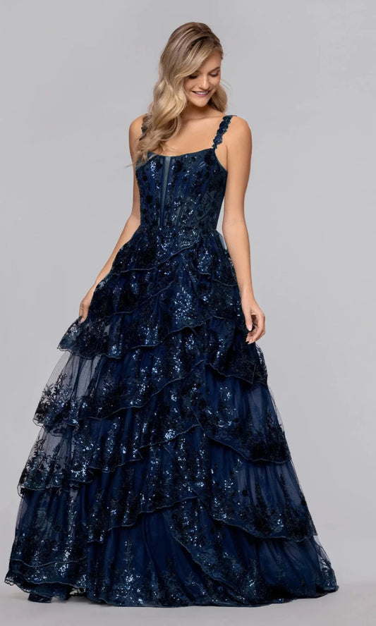 Luxury A-Line Square-Neck Spaghetti-Strap Open-Back Floor-Length Prom Dress