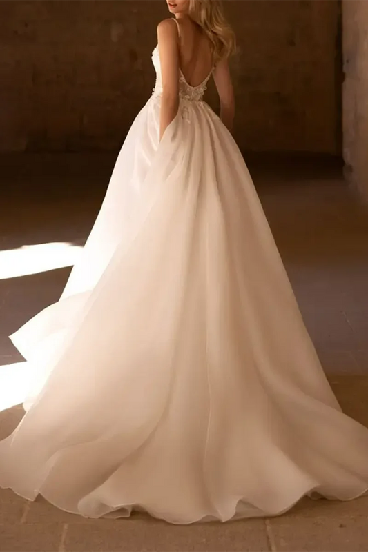 Luxury Ball-Gown Plunge-V-Neck Spaghetti-Strap Open-Back Train-Length Wedding Dress