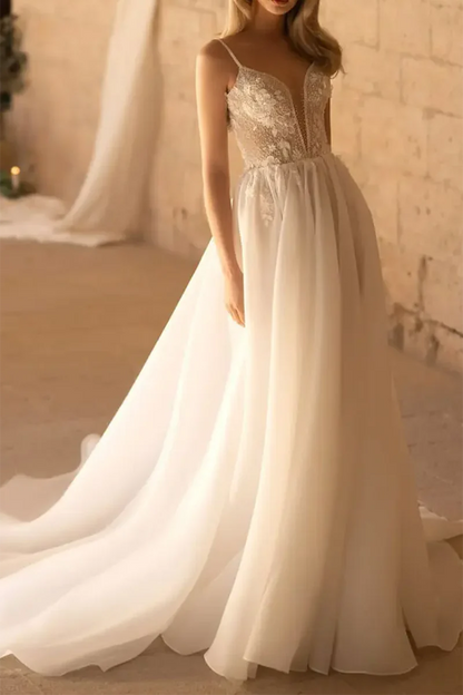 Luxury Ball-Gown Plunge-V-Neck Spaghetti-Strap Open-Back Train-Length Wedding Dress