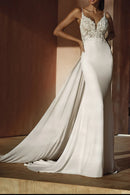 Glamorous Mermaid Plunge-V-Neck Spaghetti-Strap Open-Back Train-Length Wedding Dress