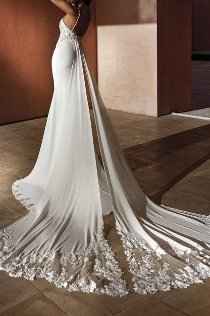 Glamorous Mermaid Plunge-V-Neck Spaghetti-Strap Open-Back Train-Length Wedding Dress