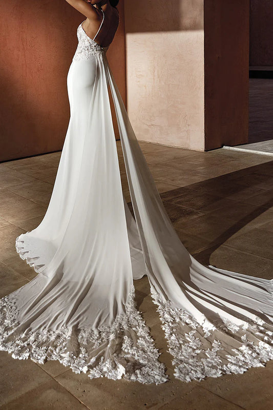 Glamorous Mermaid Plunge-V-Neck Spaghetti-Strap Open-Back Train-Length Wedding Dress