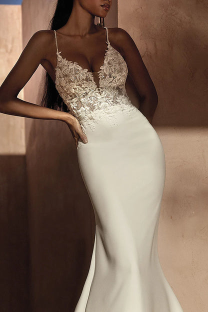 Glamorous Mermaid Plunge-V-Neck Spaghetti-Strap Open-Back Train-Length Wedding Dress