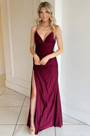 Burgundy Stretch Satin Mermaid Gown Spaghetti Strap Deep V Lace-Up Back High Slit Formal Dress