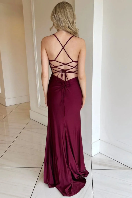 Burgundy Stretch Satin Mermaid Gown Spaghetti Strap Deep V Lace-Up Back High Slit Formal Dress