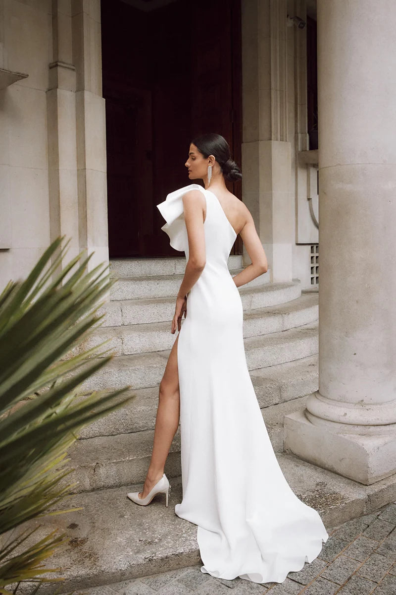Sleek Mermaid One-Shoulder Single-Ruffle-Sleeve Open-Back Train-Length Wedding Dress