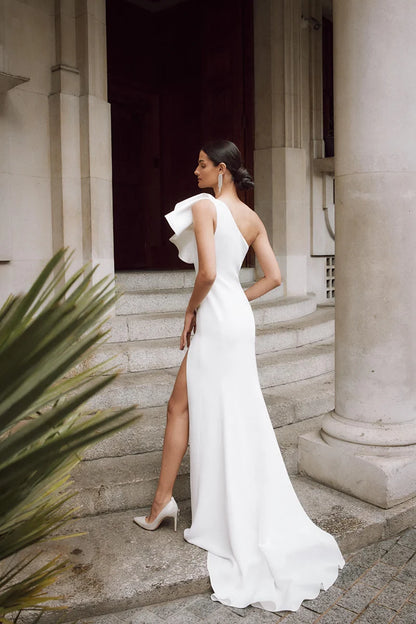 Sleek Mermaid One-Shoulder Single-Ruffle-Sleeve Open-Back Train-Length Wedding Dress