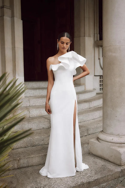 Sleek Mermaid One-Shoulder Single-Ruffle-Sleeve Open-Back Train-Length Wedding Dress