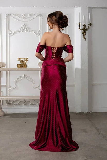 Burgundy Mermaid Off Shoulder Corset Lace Up Slit Prom Gown