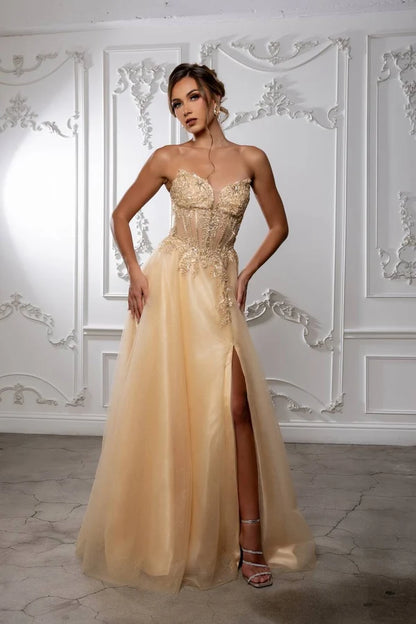 Champagne A Line Strapless Corset Lace Up Slit Prom Gown