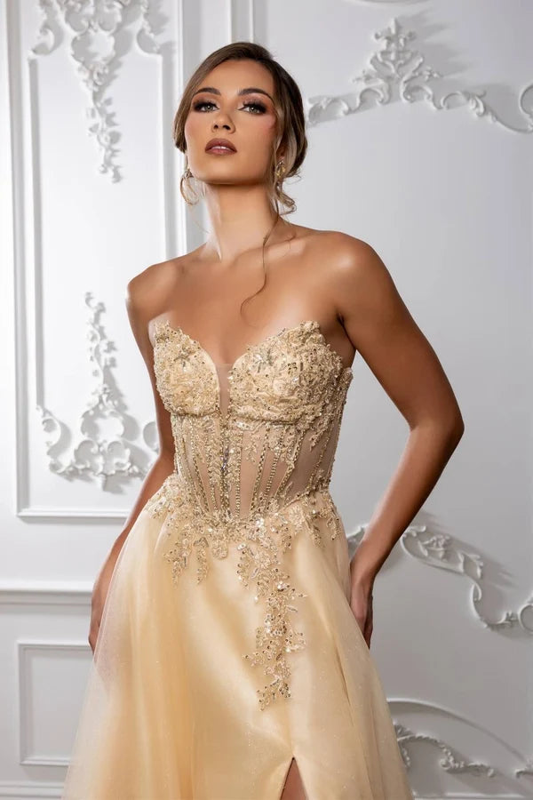 Champagne A Line Strapless Corset Lace Up Slit Prom Gown