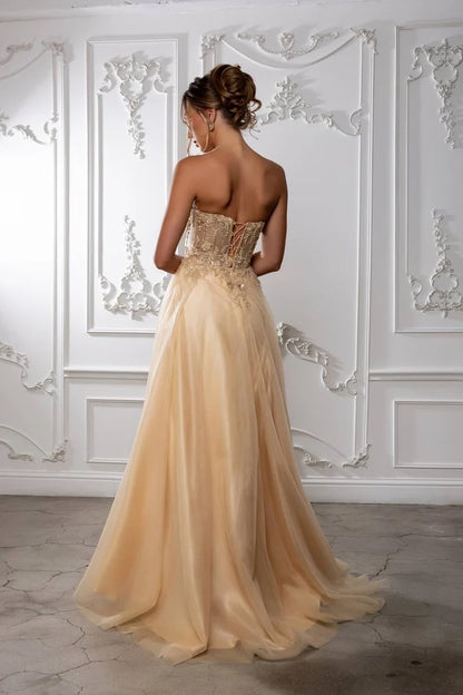 Champagne A Line Strapless Corset Lace Up Slit Prom Gown