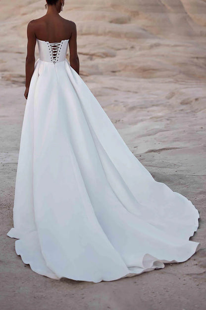 Minimalist A-Line Square Neck Strapless Lace Up Back Train Length Wedding Dress