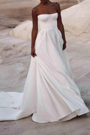 Minimalist A-Line Square Neck Strapless Lace Up Back Train Length Wedding Dress