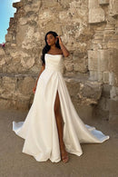 Minimalist A-Line Strapless Sleeveless Open-Back High-Slit Court Train Wedding Dress